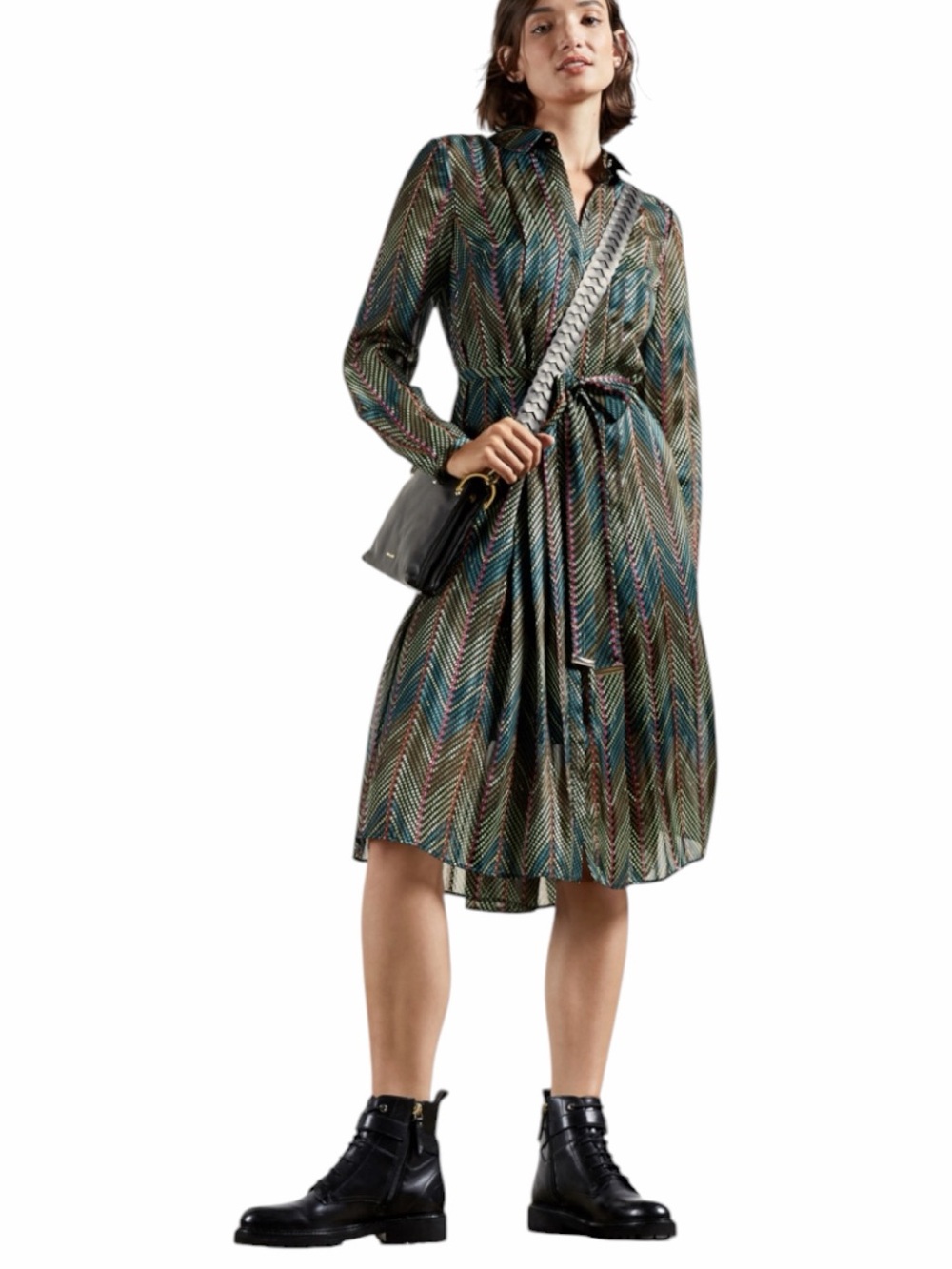 Ted Baker Sheer Lurex Geometric Chevron Shirt Dress Midi Belted Size 2